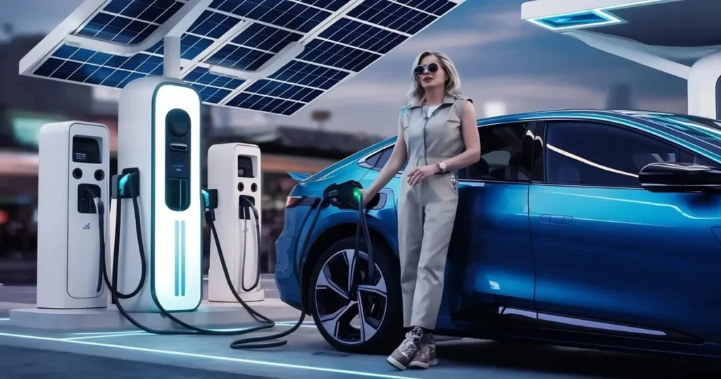 carro elétrico e painéis solares