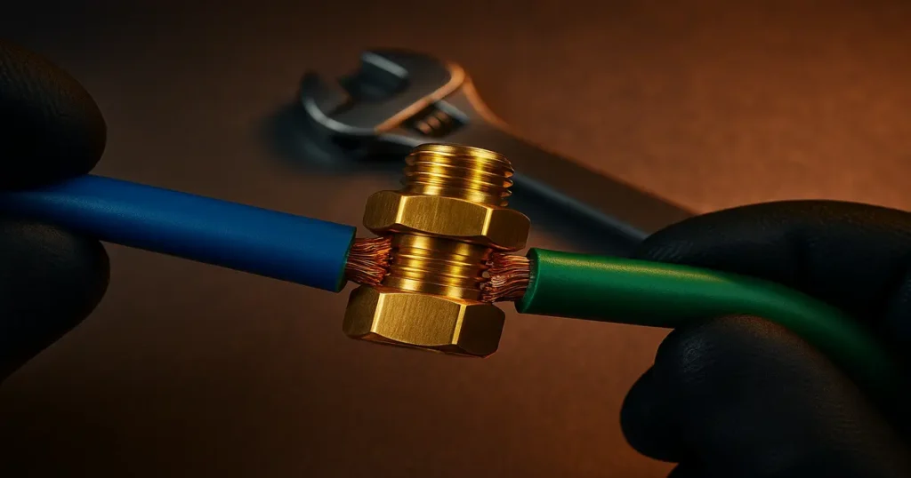 Cabo neutro e terra conectados por parafuso conector do tipo split bold.